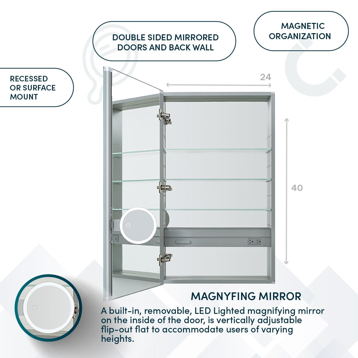 Aquadom Royale 24" x 40" Rectangular Left-Hinged Recessed or Surface Mount Medicine Cabinet With LED Lighting, Touch Screen Button, Defogger - R-2440L-E