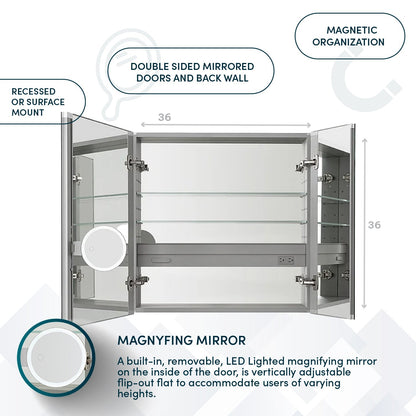 Aquadom Royale 36" x 36" Square Double-Door Recessed or Surface Mount Medicine Cabinet - R-3636E-N