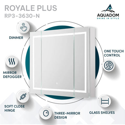 Aquadom Royale Plus 36" x 30" LED Lighted Medicine Cabinet With Defogger, Integrated LED 3X Magnifying Mirror and Electrical Outlet With USB - RP3-3630-N