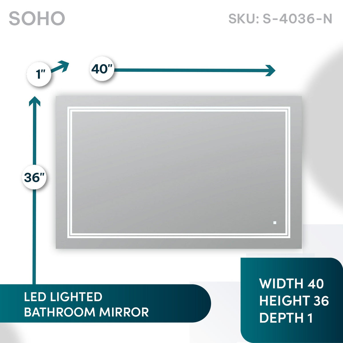 Aquadom SOHO 40" x 36" Rectangle Ultra-Slim Frame LED Lighted Bathroom Mirror With Defogger - S-4036-N