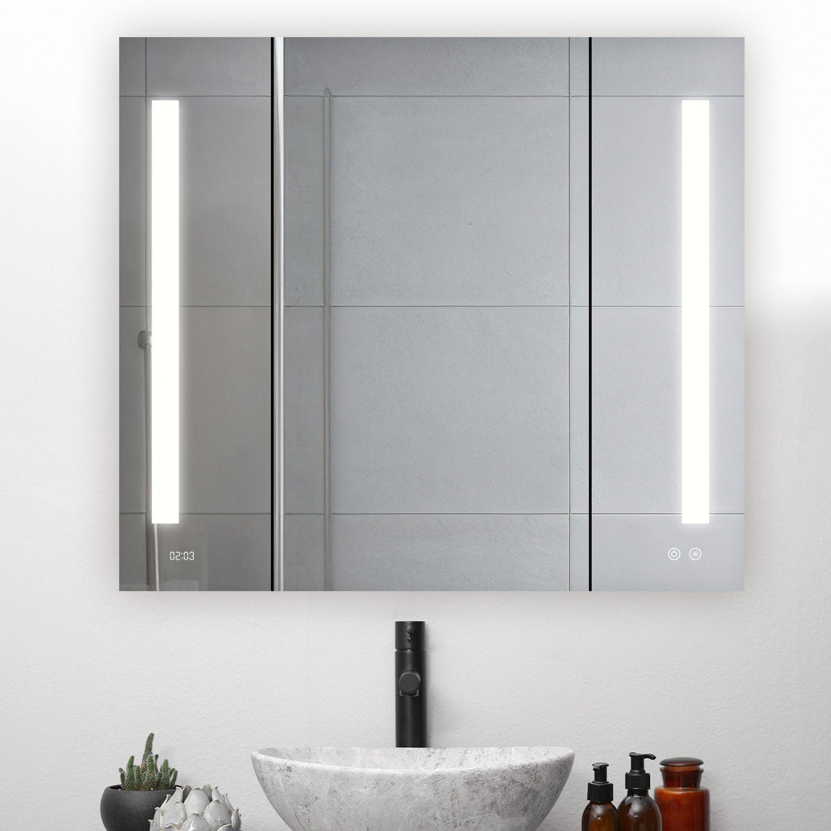 Aquadom Signature Royale 36" x 36" Triple-Door LED Lighted Medicine Cabinet With Defogger, Integrated LED 3X Magnifying Mirror and Electrical Outlet With USB - SR3-3636-N