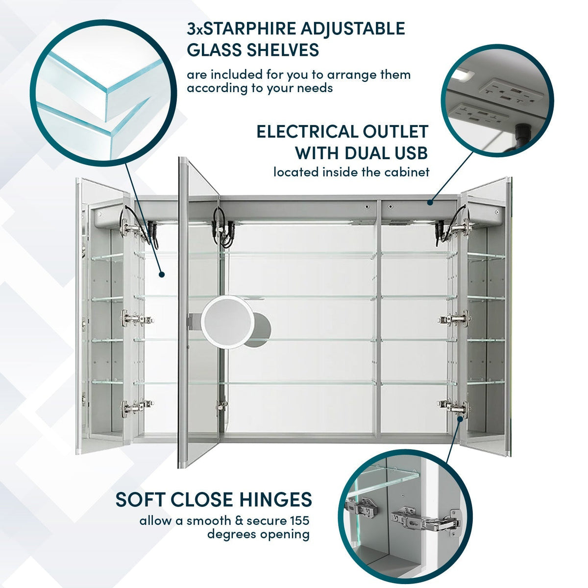 Aquadom Signature Royale 40" x 30" Triple-Door LED Lighted Medicine Cabinet With Defogger, Integrated LED 3X Magnifying Mirror and Electrical Outlet With USB - SR3-4030-N