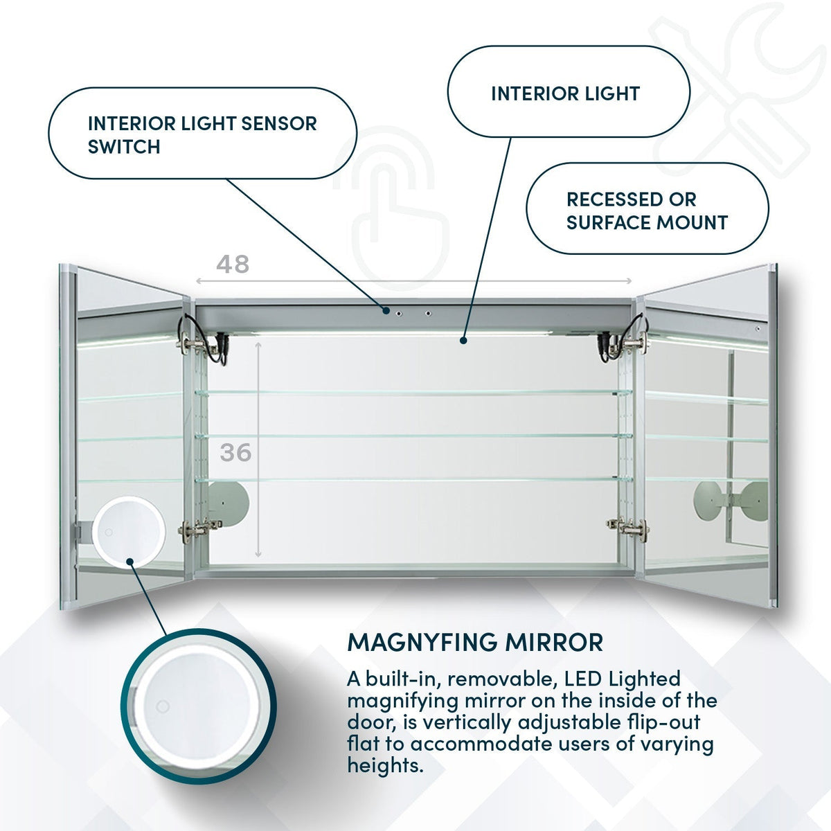 Aquadom Signature Royale 48" x 36" LED Lighted Medicine Cabinet With Defogger, Integrated LED 3X Magnifying Mirror and Electrical Outlet With USB - SR-4836-N