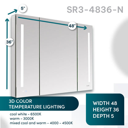 Aquadom Signature Royale 48" x 36" Triple-Door LED Lighted Medicine Cabinet With Defogger, Integrated LED 3X Magnifying Mirror and Electrical Outlet With USB - SR3-4836-N