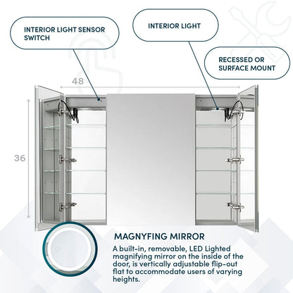 Aquadom Signature Royale 48" x 36" Triple-Door LED Lighted Medicine Cabinet With Defogger, Integrated LED 3X Magnifying Mirror and Electrical Outlet With USB - SR3-4836-N