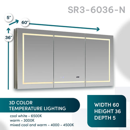 Aquadom Signature Royale 60" x 36" Triple-Door LED Lighted Medicine Cabinet With Defogger, Integrated LED 3X Magnifying Mirror and Electrical Outlet With USB - SR3-6036-N
