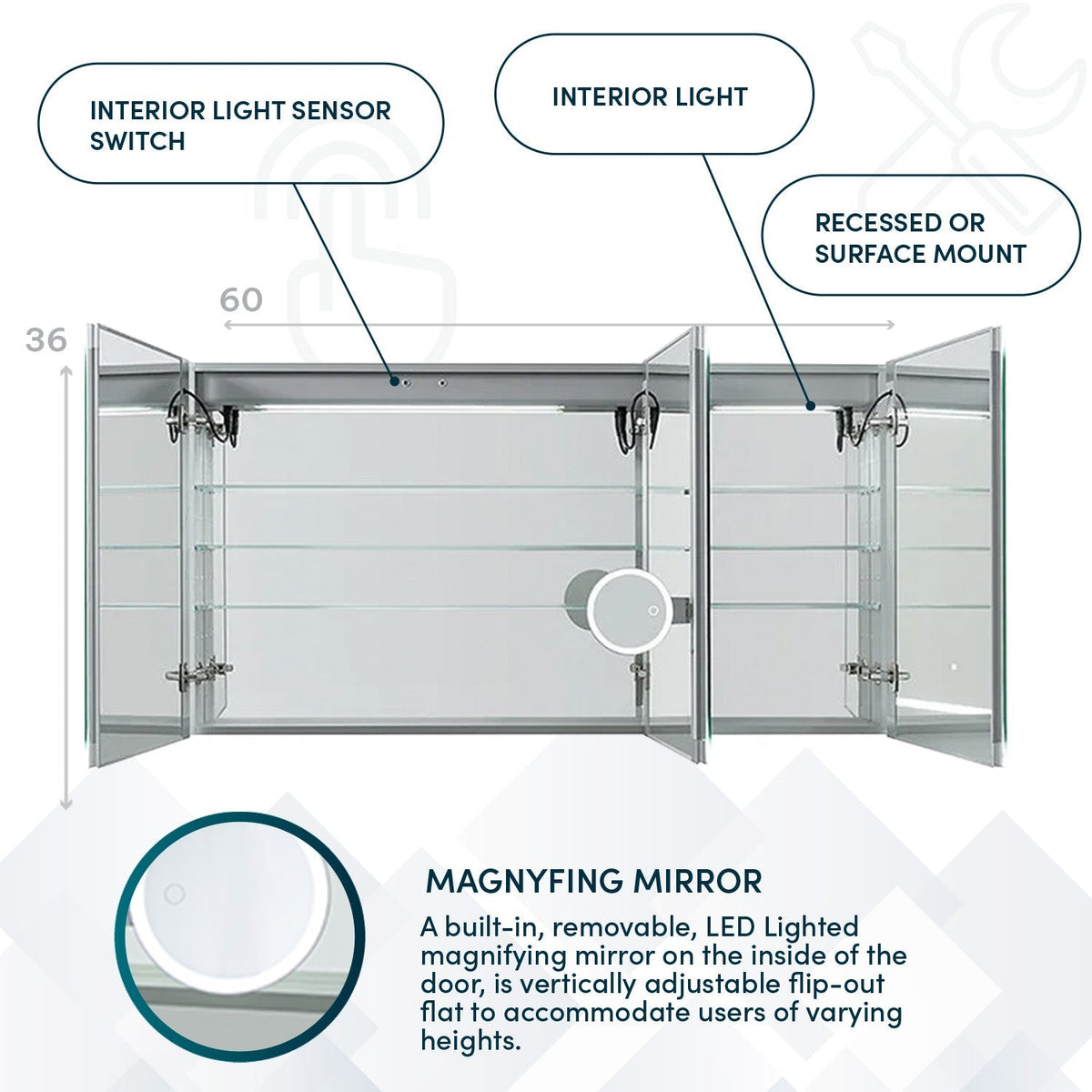 Aquadom Signature Royale 60" x 36" Triple-Door LED Lighted Medicine Cabinet With Defogger, Integrated LED 3X Magnifying Mirror and Electrical Outlet With USB - SR3-6036-N