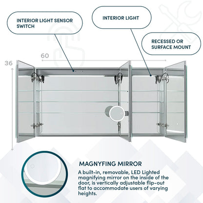 Aquadom Signature Royale 60" x 36" Triple-Door LED Lighted Medicine Cabinet With Defogger, Integrated LED 3X Magnifying Mirror and Electrical Outlet With USB - SR3-6036-N