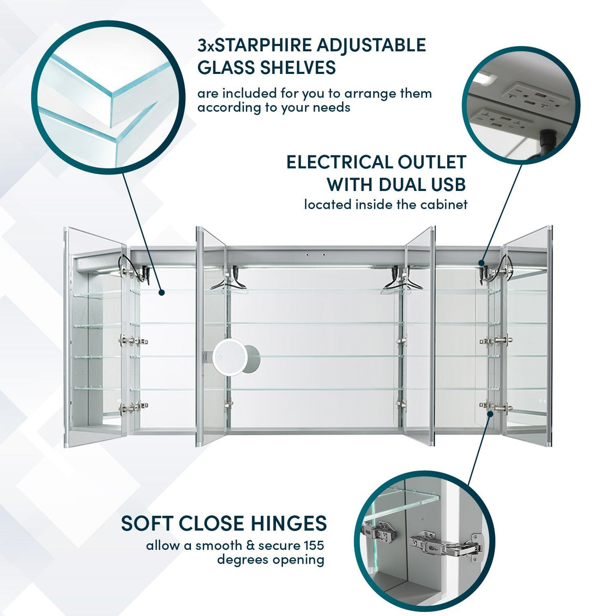 Aquadom Signature Royale 72" x 36" LED Lighted Medicine Cabinet With Defogger, Integrated LED 3X Magnifying Mirror and Electrical Outlet With USB - SR4-7236-N