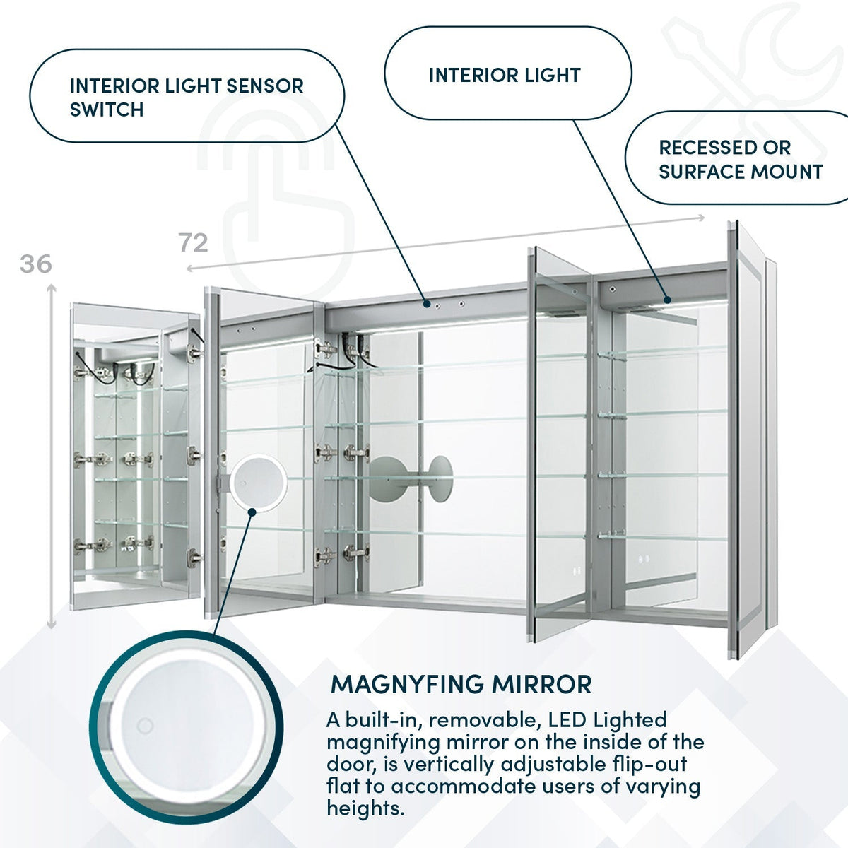 Aquadom Signature Royale 72" x 36" LED Lighted Medicine Cabinet With Defogger, Integrated LED 3X Magnifying Mirror and Electrical Outlet With USB - SR4-7236-N