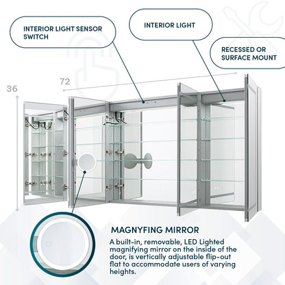 Aquadom Signature Royale 72" x 36" LED Lighted Medicine Cabinet With Defogger, Integrated LED 3X Magnifying Mirror and Electrical Outlet With USB - SR4-7236-N