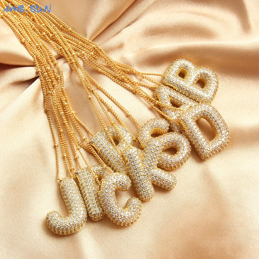 Bubble Letter Necklace - Gold Plated Chunky Balloon Pendant Fashion Jewelry with Cubic Zircon