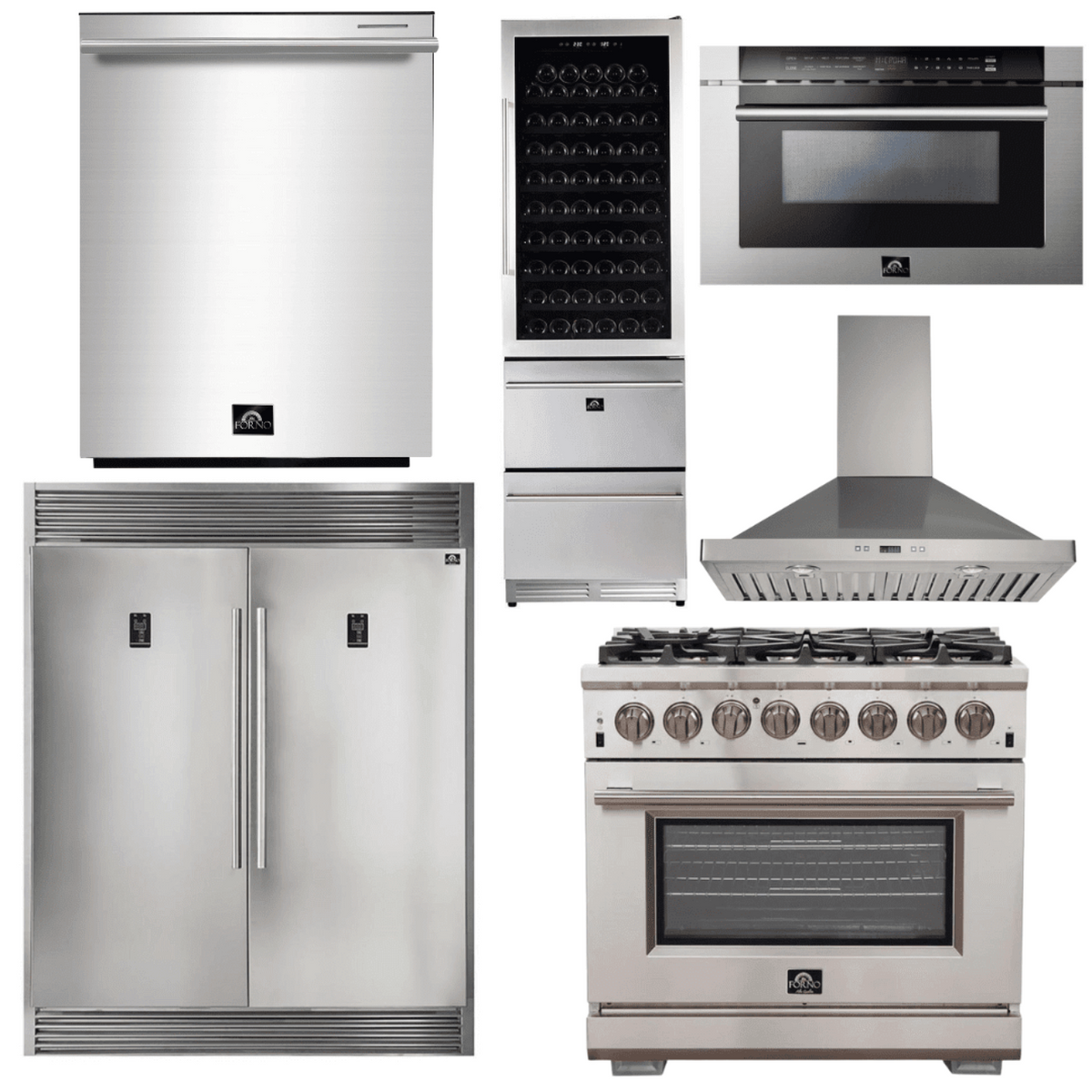 Forno Appliance Package - 36 Inch Gas Burner/Electric Oven Pro Range, Range Hood, Refrigerator, Microwave Drawer, Dishwasher, Wine Cooler, AP-FFSGS6187-36-W-9