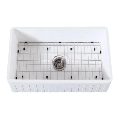 Kingston Brass 30 in. Solid Surface White Stone Apron-Front Single Bowl Farmhouse Kitchen Sink with Strainer and Grid in Matte White - KGKFA301810CD