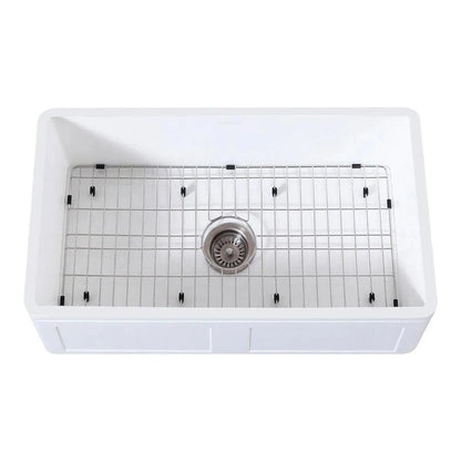 Kingston Brass 33 in. Farmhouse Apron Front Kitchen Sink with Strainer and Grid in Matte White - KGKFA331810DS