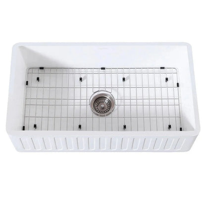 Kingston Brass 33 in. Solid Surface White Stone Apron-Front Single Bowl Farmhouse Kitchen Sink with Strainer and Grid in Matte White - KGKFA331810RM