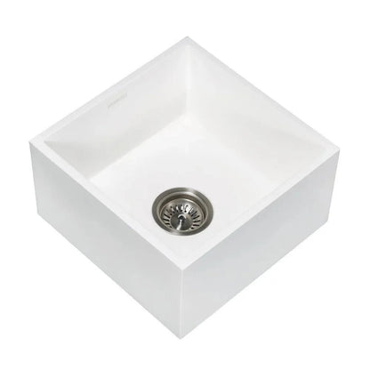 Kingston Brass Arcticstone 15 in. Solid Surface White Stone Apron-Front Single Bowl Farmhouse Bar Prep Sink with Strainer in Matte White - GKUSA15158