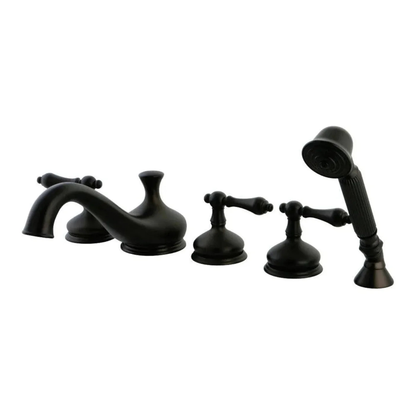 Kingston Brass Restoration Three-Handle 5-Hole Deck Mount Roman Tub Faucet with Hand Shower in Oil Rubbed Bronze - KS33355AL