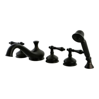 Kingston Brass Restoration Three-Handle 5-Hole Deck Mount Roman Tub Faucet with Hand Shower in Oil Rubbed Bronze - KS33355AL