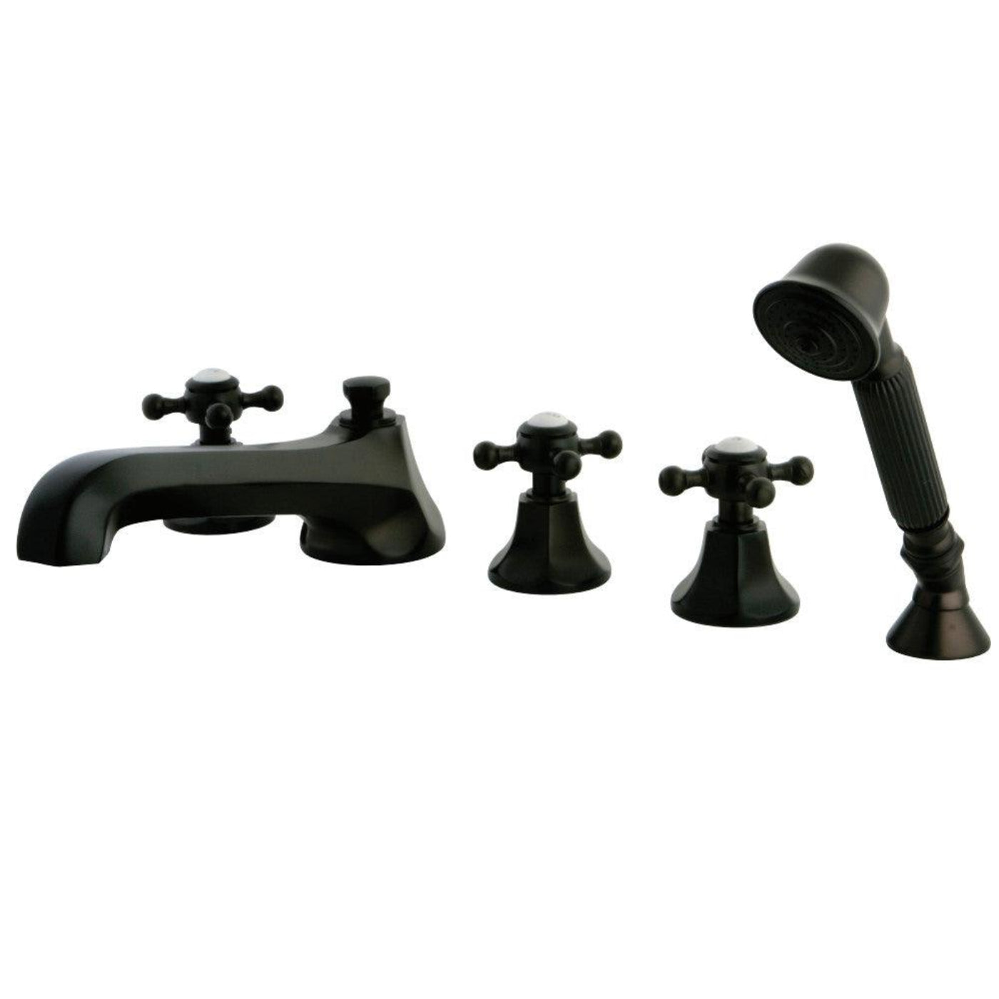 Kingston Brass Three-Handle 5-Hole Deck Mount Roman Tub Faucet with Hand Shower in Oil Rubbed Bronze - KS43055BX