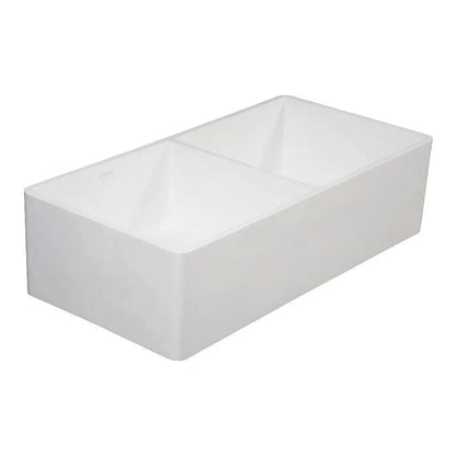 Kingston Brass 36 in. Solid Surface White Stone Apron-Front Double Bowl Farmhouse Kitchen Sink with Strainers in Matte White - GKFA361810BCD