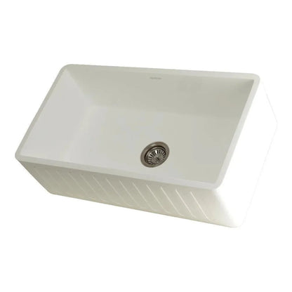 Kingston Brass 33 in. Solid Surface White Stone Apron-Front Single Bowl Farmhouse Kitchen Sink with Strainer in Matte White - GKFA331810RM