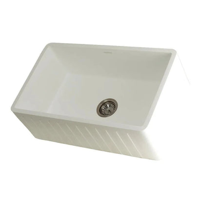 Kingston Brass 30 in. Solid Surface White Stone Apron-Front Single Bowl Farmhouse Kitchen Sink with Strainer in Matte White - GKFA301810CD