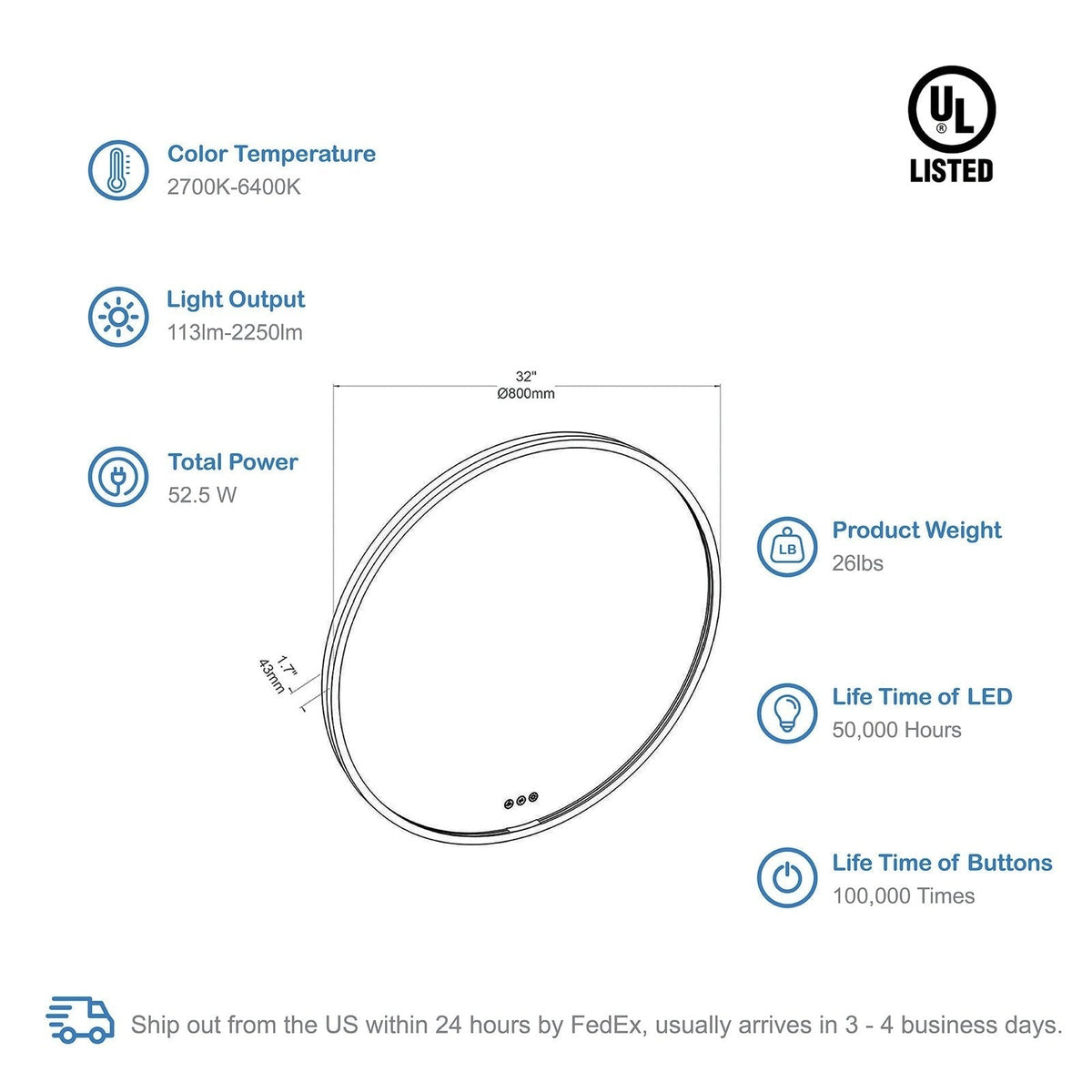 Blossom Oskar 32 Inch Round LED Mirror - LED M7 R32 MB