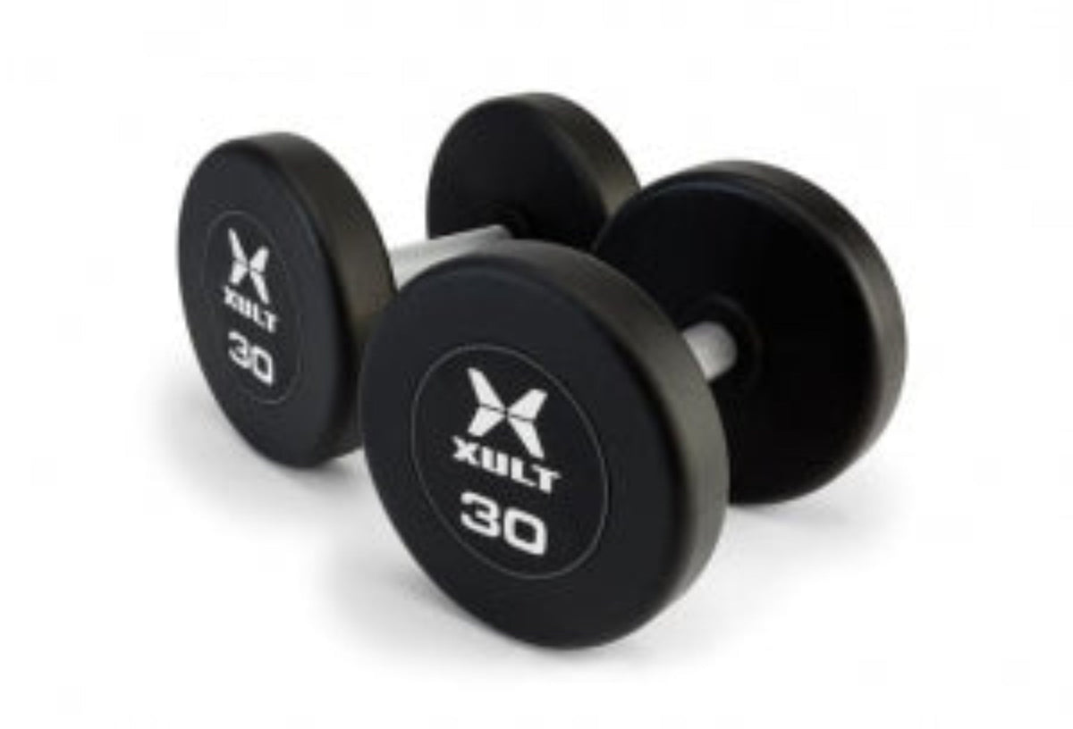 Johnson Health Tech XULT Urethane Round Dumbbells - XULT Urethane Round Dumbbell Pair, Black Plus, 55 lb. - XT-055URE-RND-P