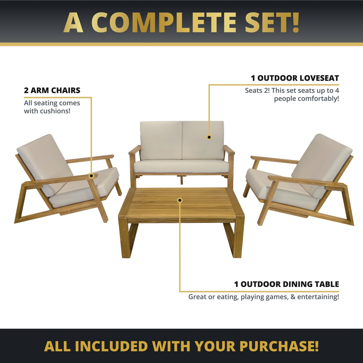Ezra 4-Piece Teakwood Deep Seating Patio Set