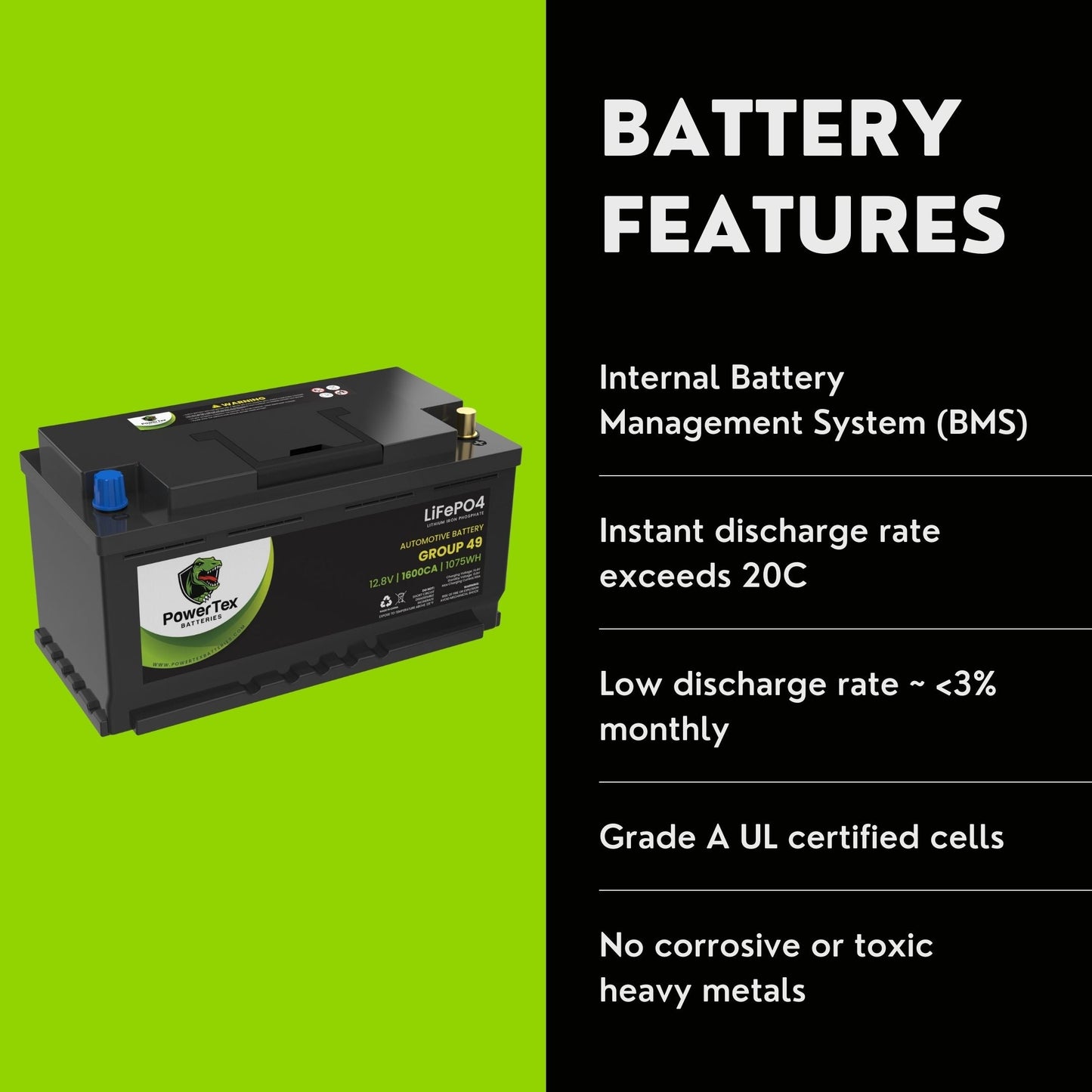 PowerTex 2014 Aston Martin Vanquish Car Batteries BCI Group 49 / H8 Lithium LiFePO4 Automotive Battery - - PTLG49-9