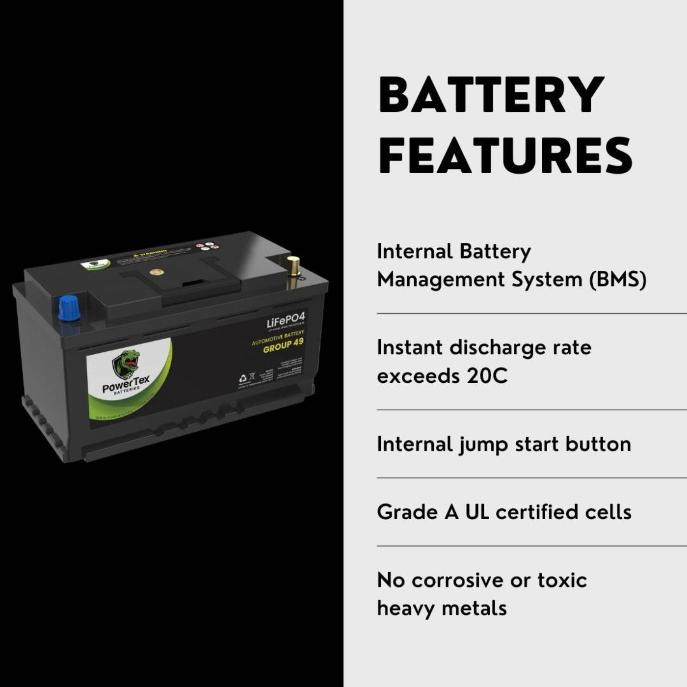 PowerTex 2009 Audi A4 Quattro Car Battery BCI Group 49 / H8 Replacement Lithium LiFePO4 Automotive Battery - PTLG49-281