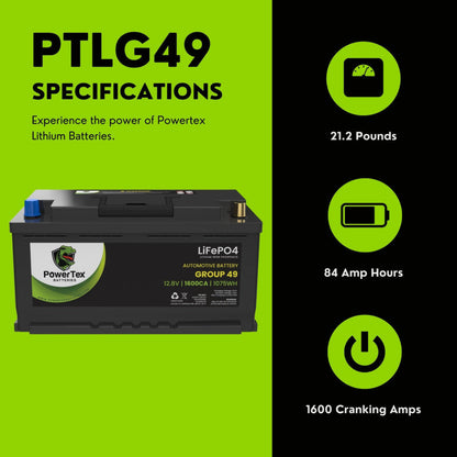 PowerTex 2018 Ford F-150 Car Battery BCI Group 49 / H8 Lithium LiFePO4 Automotive Battery - PTLG49-888