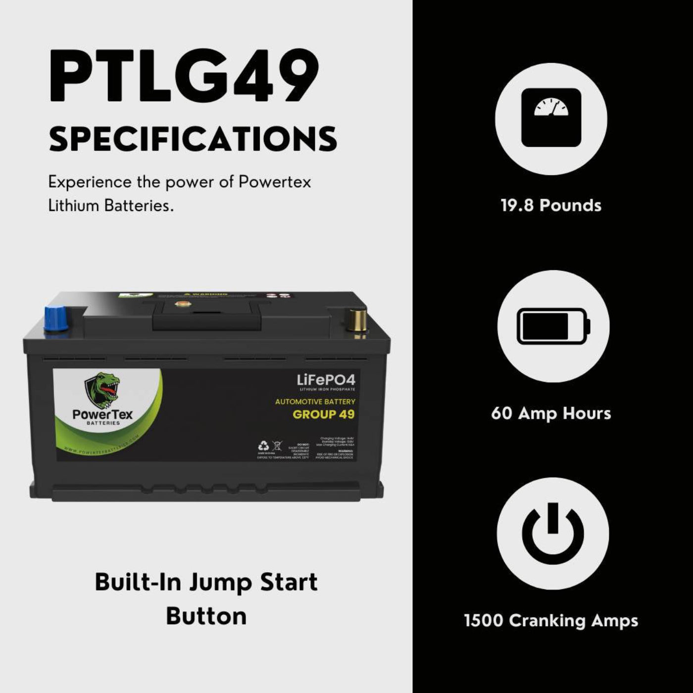 PowerTex 2014 BMW 320i xDrive Car Battery BCI Group 49 / H8 Replacement Lithium LiFePO4 Automotive Battery - PTLG49-588