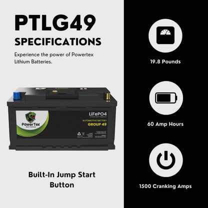 PowerTex 2014 BMW 320i xDrive Car Battery BCI Group 49 / H8 Replacement Lithium LiFePO4 Automotive Battery - PTLG49-588