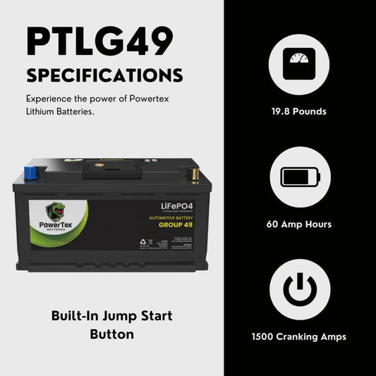 PowerTex 2008 Dodge Sprinter 2500 Car Battery BCI Group 49 / H8 Replacement Lithium LiFePO4 Automotive Battery - PTLG49-929