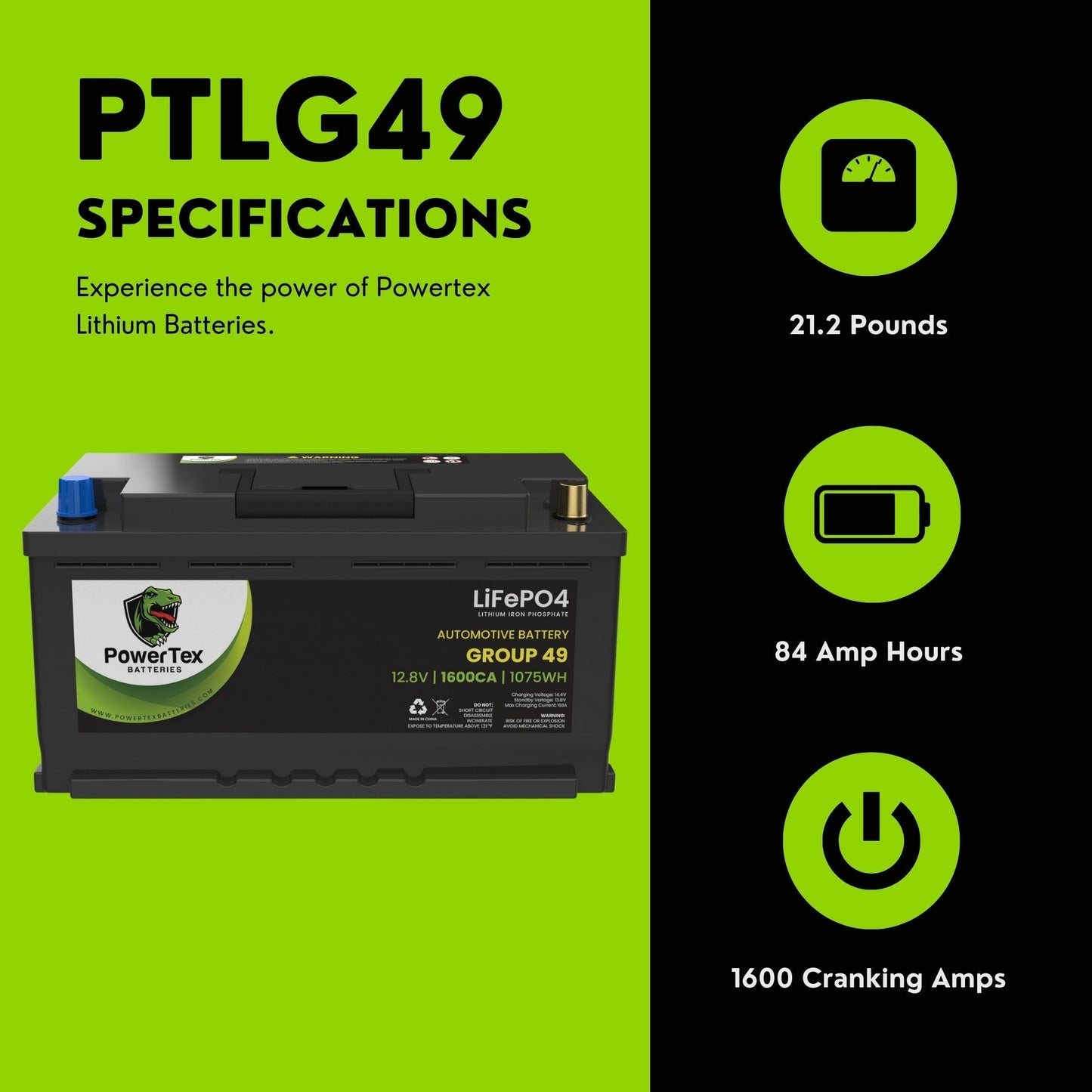 PowerTex 2016 Aston Martin DB9 Car Batteries BCI Group 49 / H8 Lithium LiFePO4 Automotive Battery - PTLG49-9