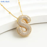 Bubble Letter Necklace - Gold Plated Chunky Balloon Pendant Fashion Jewelry with Cubic Zircon