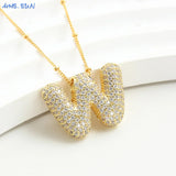 Bubble Letter Necklace - Gold Plated Chunky Balloon Pendant Fashion Jewelry with Cubic Zircon