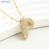 Bubble Letter Necklace - Gold Plated Chunky Balloon Pendant Fashion Jewelry with Cubic Zircon