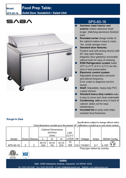 SABA SPS-60-16 - 60" Two Door Commercial Sandwich Prep Table with 16 Pans