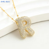 Bubble Letter Necklace - Gold Plated Chunky Balloon Pendant Fashion Jewelry with Cubic Zircon