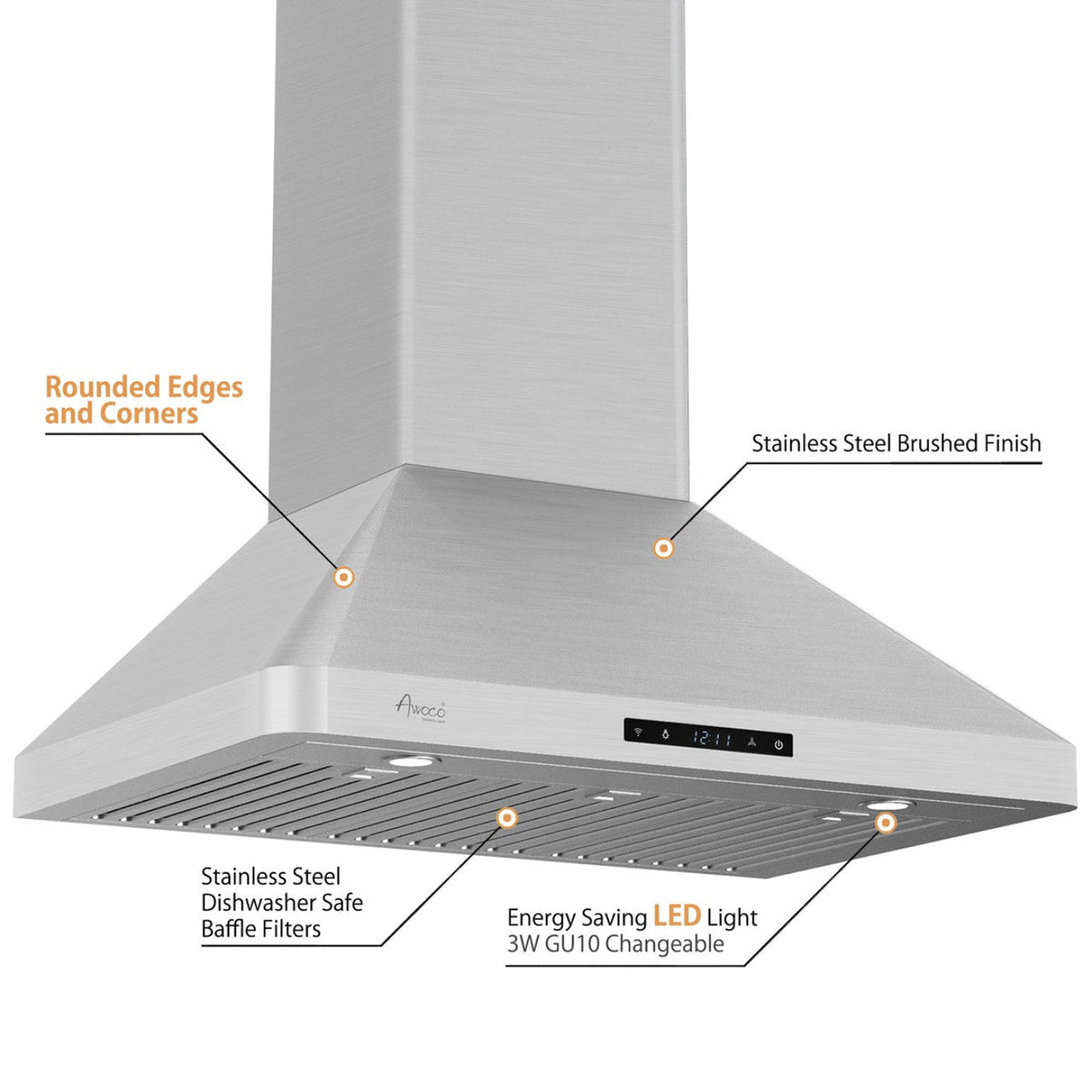 Awoco RH-WT-C Wall Mount Stainless Steel Range Hood, 3 Speeds, 1000CFM, 2 LED Lights, Remote Control, With 8” Blower Unit - RH-WT-C30+RH-SP08-BLW