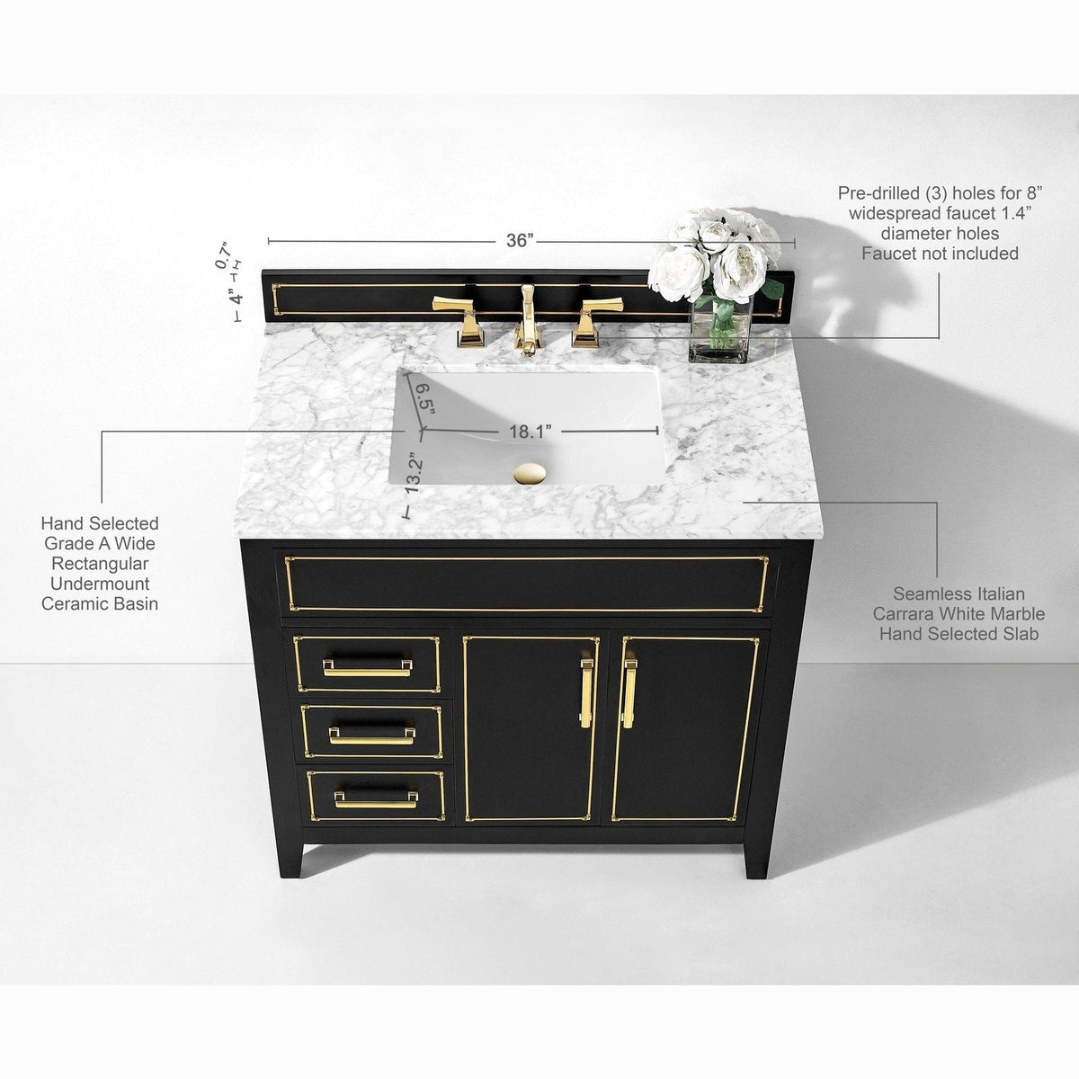 Ancerre Aspen Bathroom Vanity with Sink and Carrara White Marble Top Cabinet Set - VTS-ASPEN-36-W-CW - Backyard Provider