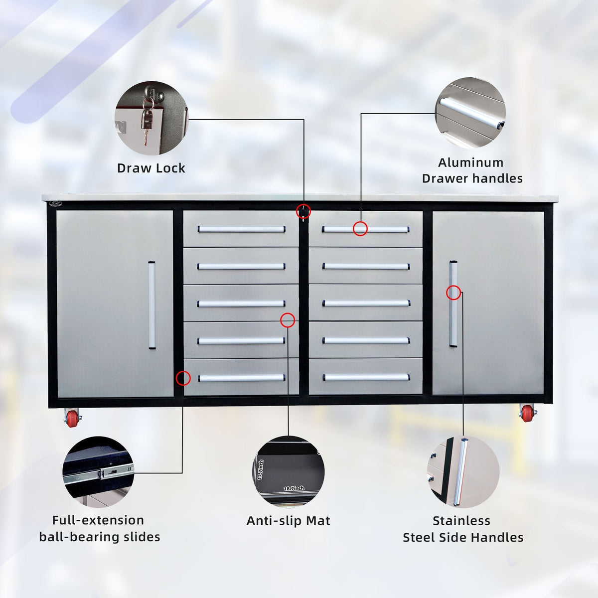 7ft 10-drawer Storage Workbench with Wheels