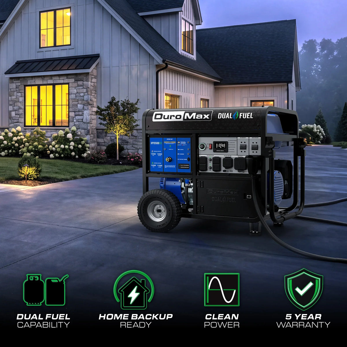 DuroMax 15,500 Watt Dual Fuel Portable Generator w/ CO Alert