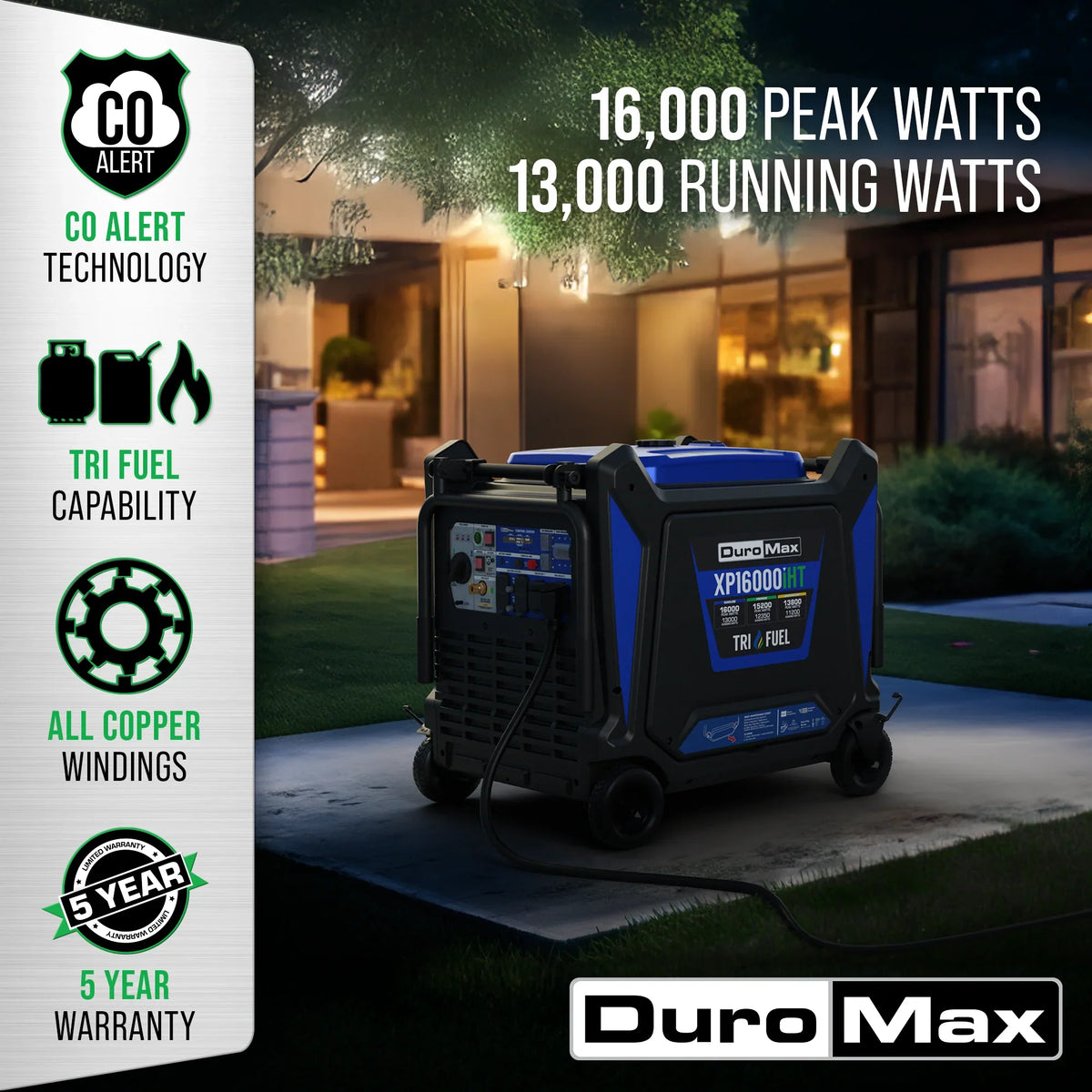 DuroMax 16,000 Watt V-Twin Tri Fuel Portable Digital Inverter Generator