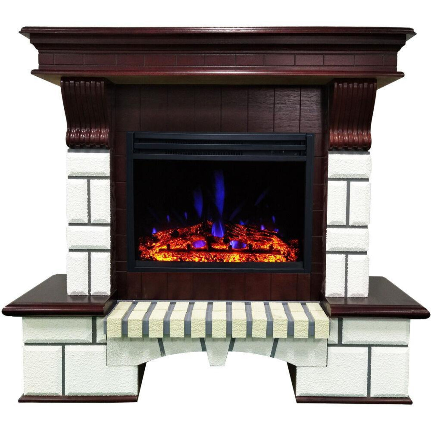 Cambridge 48-In. Belcrest Traditional Faux Brick Electric Fireplace Mantel with Enhanced Log Display, White and Mahogany - CAM4714-1WHMLG3