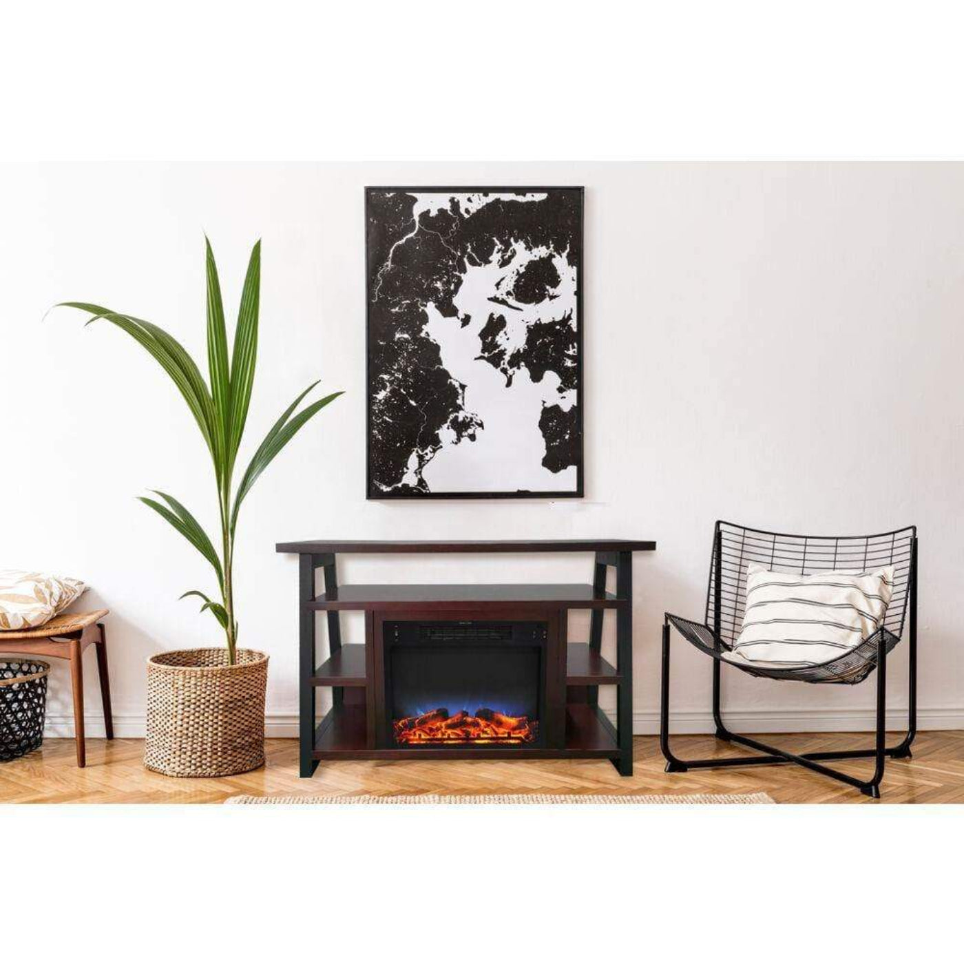 Cambridge 32-In. Sawyer Industrial Electric Fireplace Mantel with Realistic Log and Grate Insert and Color Changing Flames, - CAM5332-1MAHLG2