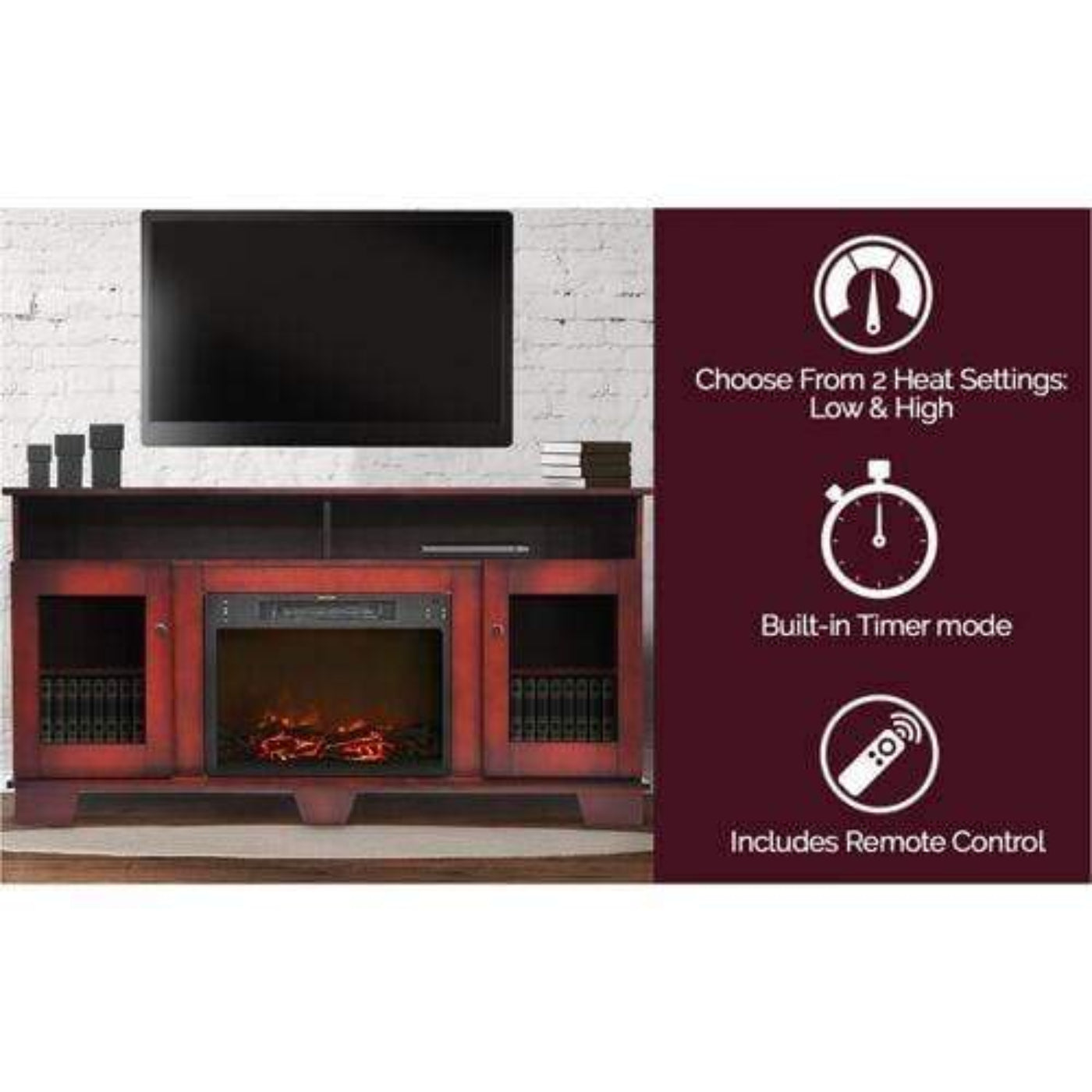 Cambridge Savona 59 In. Electric Fireplace in Cherry with Entertainment Stand and Charred Log Display, - CAM6022-1CHR